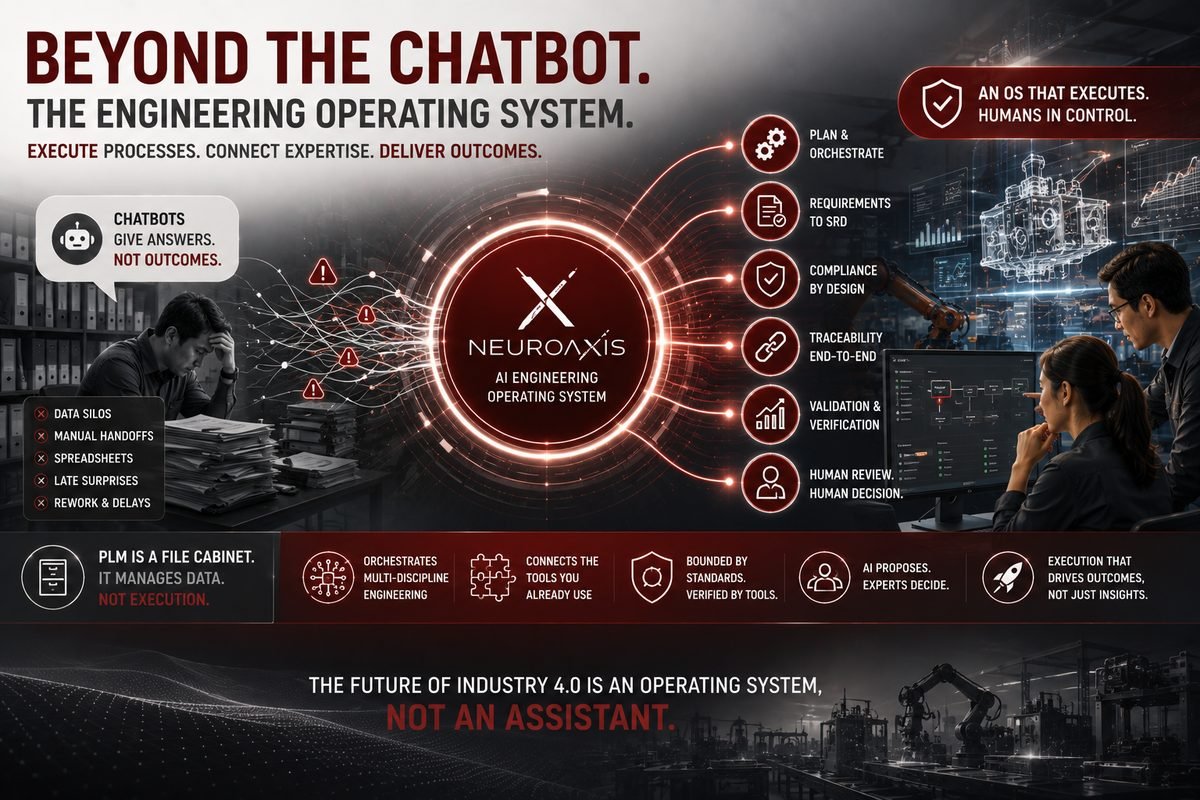 Illustration contrasting an AI chatbot with an engineering operating system